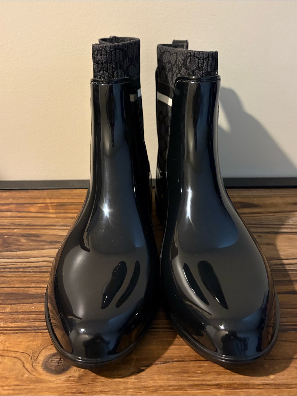 Coach Black Patent Ankle Rain Boots with Signature Knit Panel, Sz 10 - Picture 2 of 6